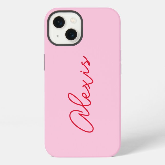 Modern Simple Pink and Red Name Script Monogram Iphone Case (Back)
