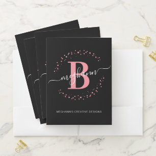 Modern Simple Pink Black Monogram Business Pocket Folder