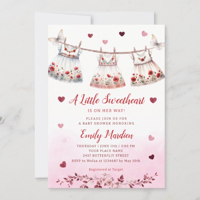 Modern Simple pink Boho Clothes Girl Baby Shower  Invitation (Front)