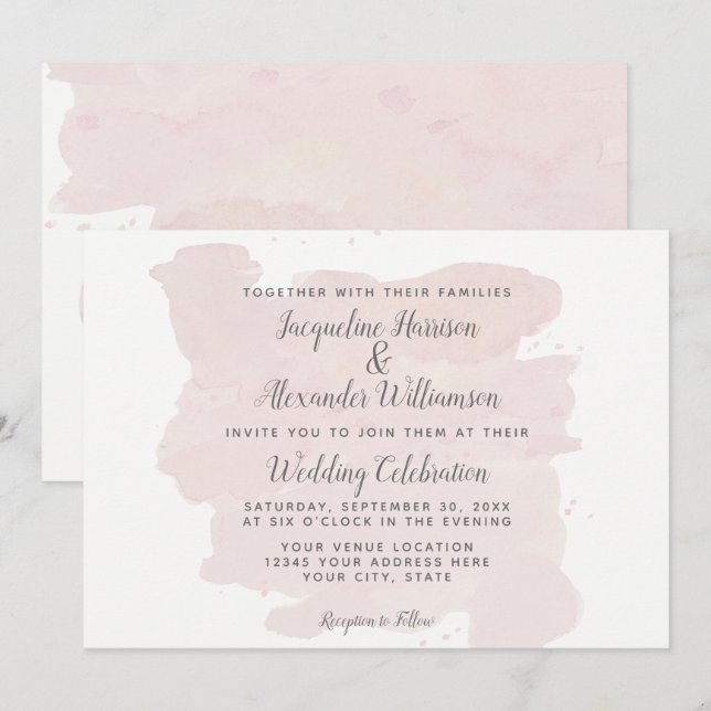 Modern Simple Pink Brush Strokes Watercolor Wash Invitation (Front/Back)
