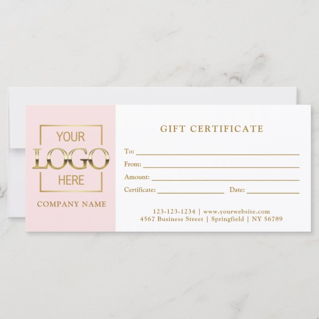Modern Simple Pink Business Logo Gift Certificate (Front)