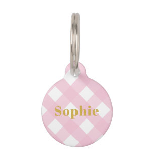 Modern Simple Pink Check Gingham Gold Monogram Pet ID Tag