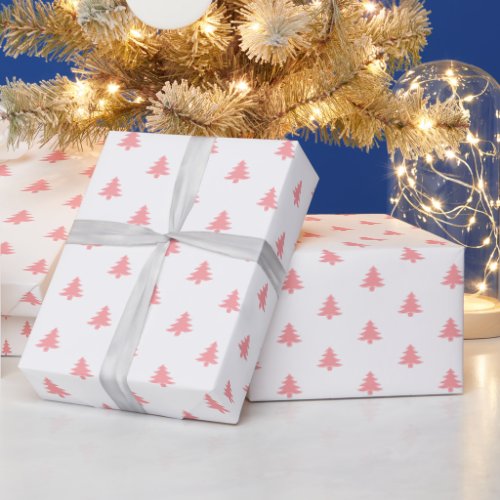 Modern Simple Pink Christmas Trees on White Wrapping Paper