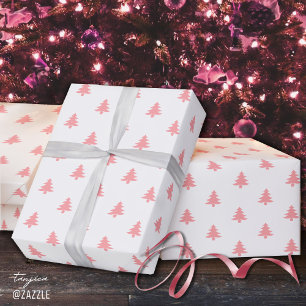 Modern Simple Pink Christmas Trees on White Wrapping Paper