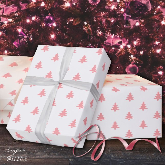 Modern Simple Pink Christmas Trees on White Wrapping Paper (Creator Uploaded)