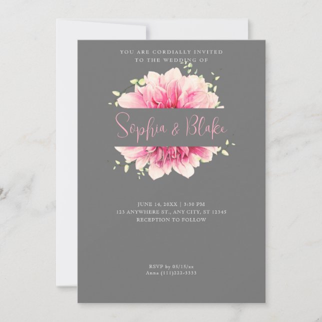 Modern Simple Pink Floral Framed Gray Wedding Invitation (Front)