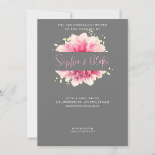 Modern Simple Pink Floral Framed Gray Wedding Invitation