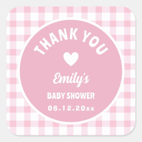 Modern Simple Pink Gingham Baby Shower Thank You Square Sticker