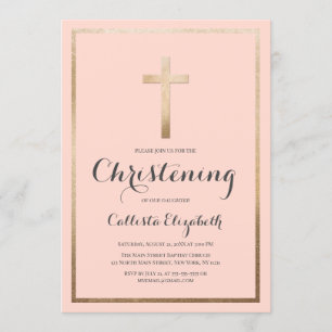 Modern Simple Pink Gold Cross Border Christening Invitation