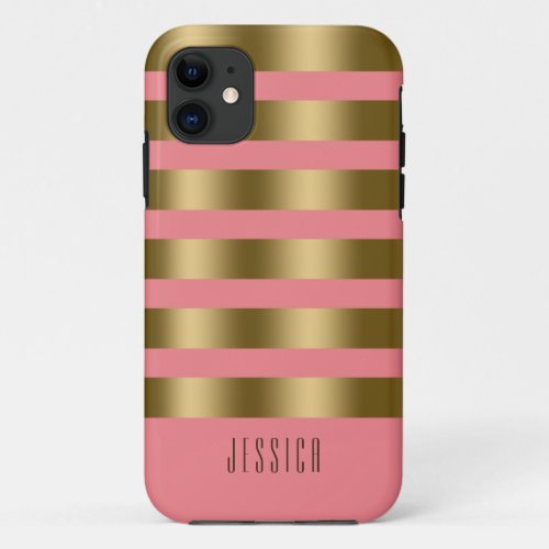 Modern Simple Pink  Gold Stripes 2 iPhone 11 Case