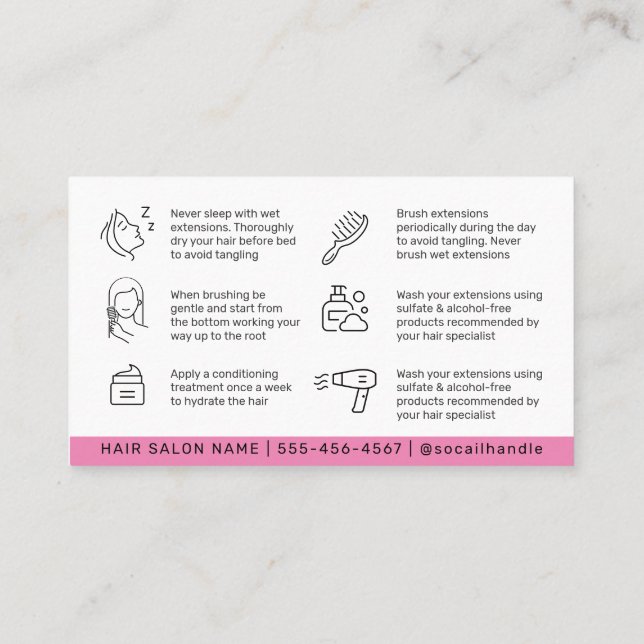 Modern Simple Pink Hair Extensions After Care Card (Back)