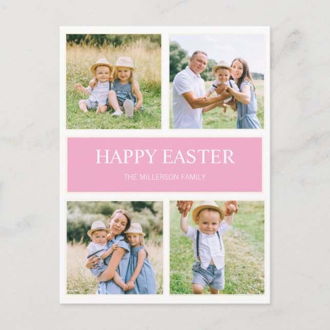 Modern Simple Pink Happy Easter 4 Family Photo    Postcard (Front)