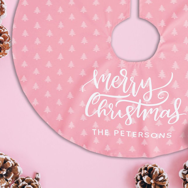 Modern Simple Pink Merry Christmas Name Brushed Polyester Tree Skirt (Photo by Leeloo Thefirst: https://www.pexels.com/photo/flat-lay-photography-of-pine-cones-on-pink-su)