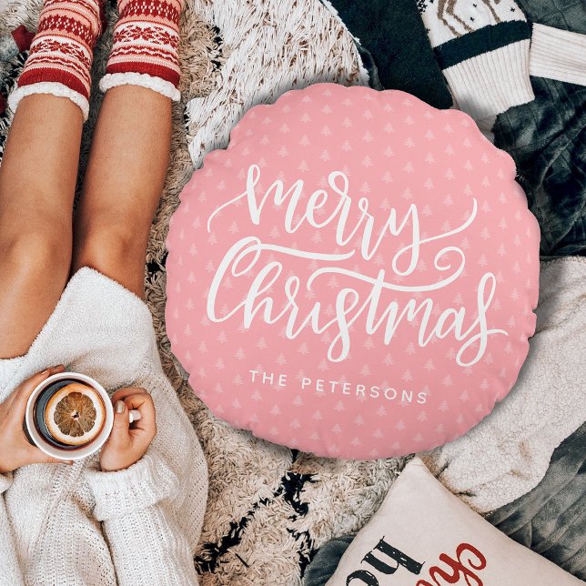 Modern Simple Pink Merry Christmas Name Round Pillow (Photo by Marko Klaric: https://www.pexels.com/photo/crop-faceless-woman-drinking-tea-and-sitting-nea)
