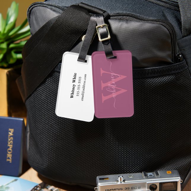Modern Simple Pink Monogram Name & Initial Luggage Tag (Creator Uploaded)