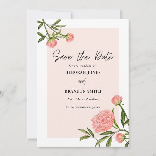 Modern simple pink Peony Save the Date Announcement