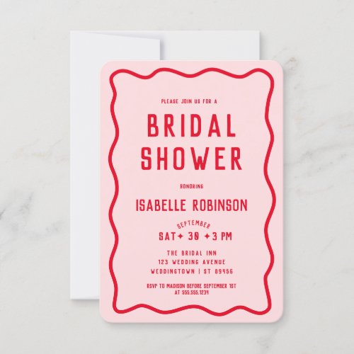 Modern Simple Pink Red Squiggle Wavy Bridal Shower Invitation