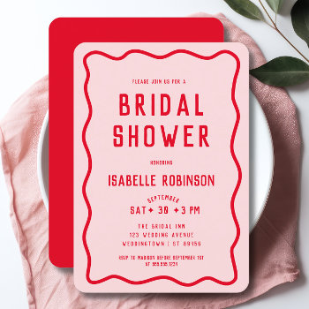 Modern Simple Pink Red Squiggle Wavy Bridal Shower Invitation by HappyPeoplePrints at Zazzle