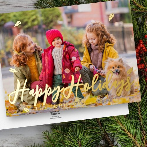 Modern Simple Playful Greetings Leaf Family Photo Foil Holiday Card