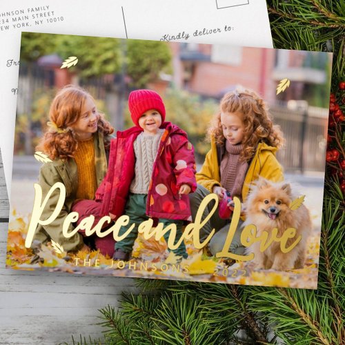 Modern Simple Playful Greetings Leaf Family Photo Foil Holiday Postcard