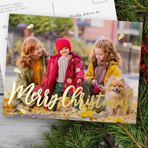Modern Simple Playful Greetings Leaf Family Photo Foil Holiday Postcard