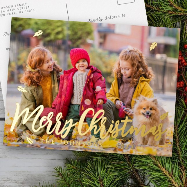 Modern Simple Playful Greetings Leaf Family Photo Foil Holiday Postcard (Creator Uploaded)