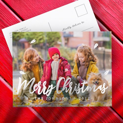 Modern Simple Playful Greetings Leaf Family Photo Holiday Postcard