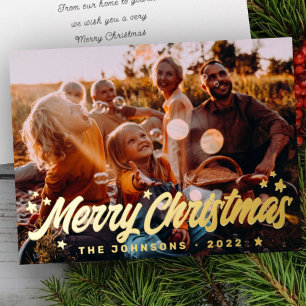Modern Simple Playful Greetings Stars Family Photo Foil Holiday Card