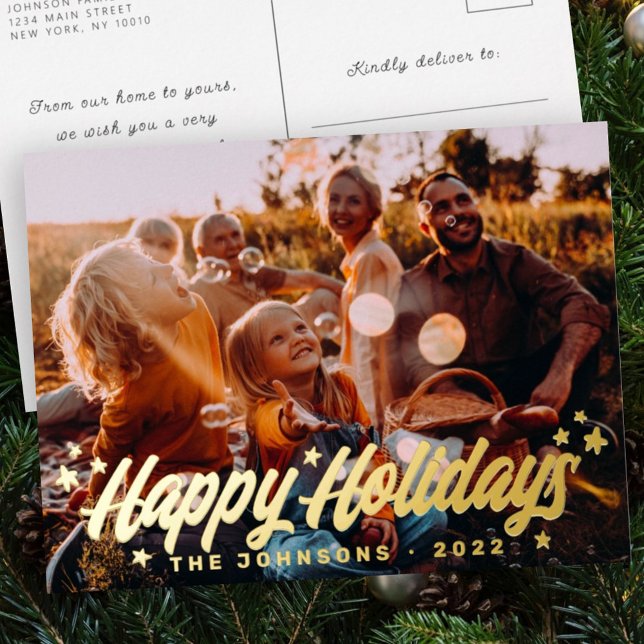 Modern Simple Playful Greetings Stars Family Photo Foil Holiday Postcard (Creator Uploaded)
