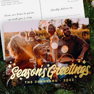 Modern Simple Playful Greetings Stars Family Photo Foil Holiday Postcard