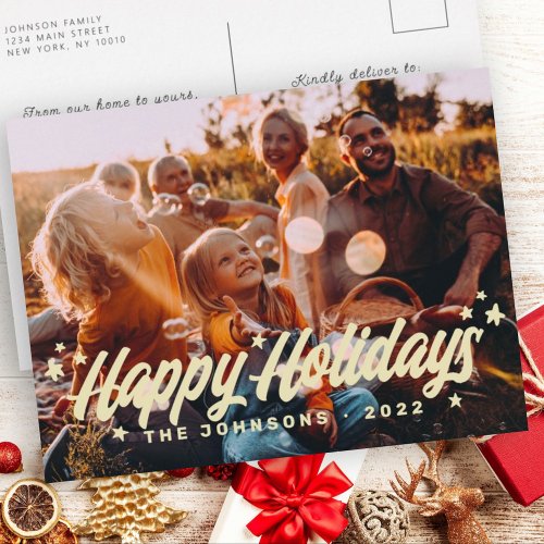 Modern Simple Playful Greetings Stars Family Photo Holiday Postcard