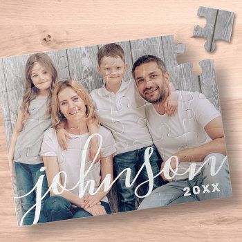 Modern Simple Playful Script Family Photo Jigsaw Puzzle by SelectPartySupplies at Zazzle