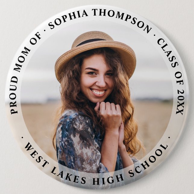Modern Simple Proud Mom Graduate Photo Dark Button (Front)