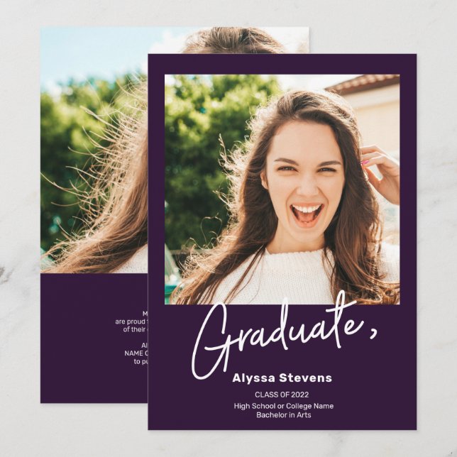 Modern simple purple 2 photos graduation announcement (Front/Back)