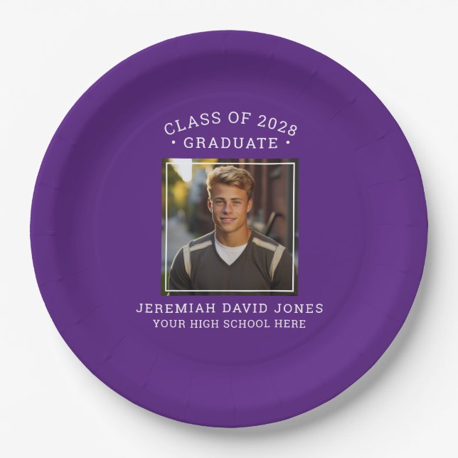 Modern Simple Purple and White Photo Graduation Paper Plates (Front)