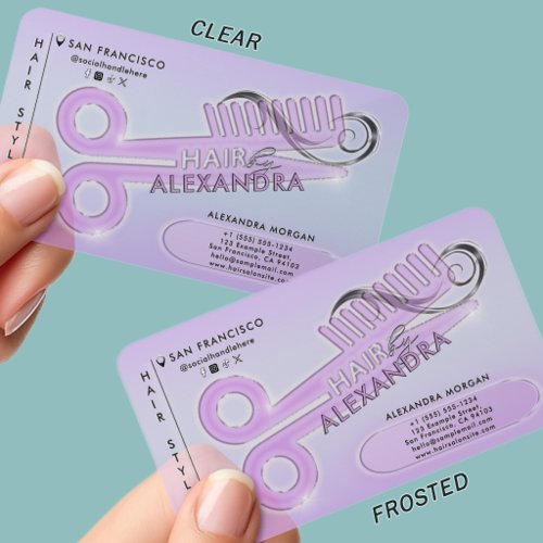 Modern Simple Purple Hair Salon Stylist Comb Logo Clear Business Cards