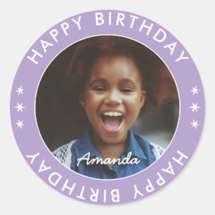 Modern Simple Purple Kids Happy Birthday Photo Classic Round Sticker
