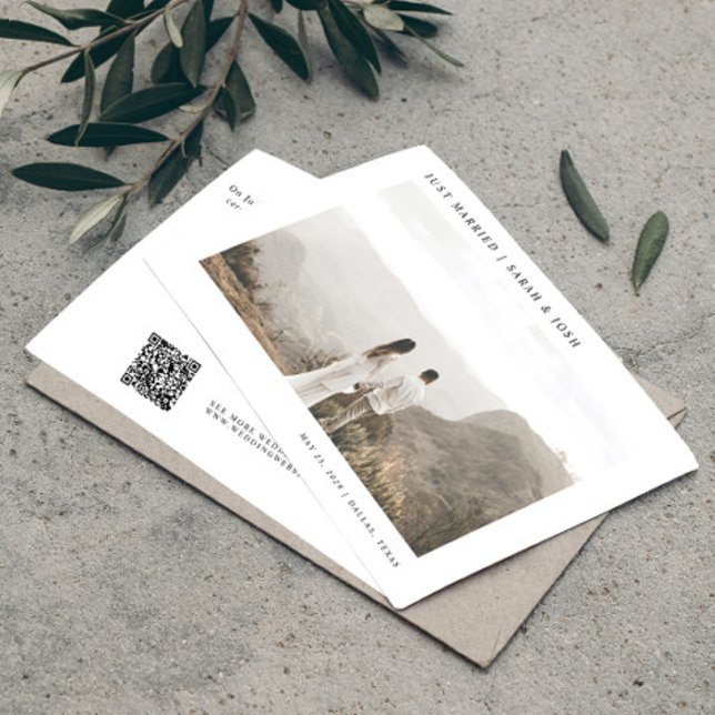 Modern Simple QR Code Just Married Photo Wedding Announcement (Easily personalize this elegant, wedding announcement with your favorite photo, message, and QR code)