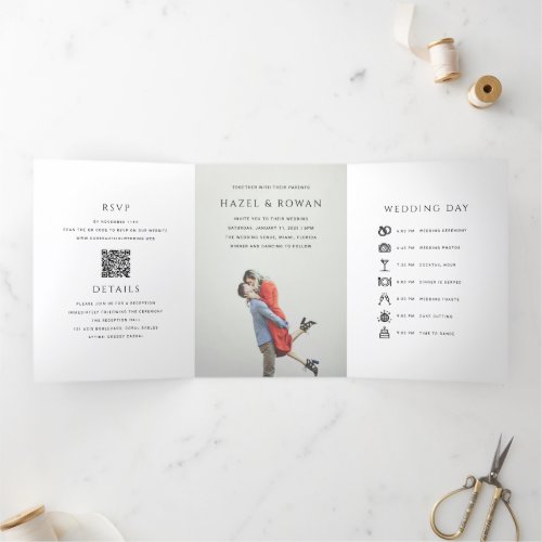 Modern Simple QR Code Photo Wedding Tri-Fold Invitation