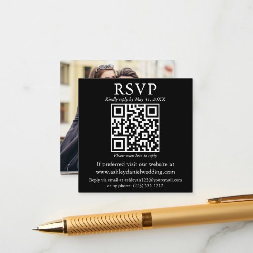 Modern Simple QR Photo Wedding Black RSVP Enclosure Card