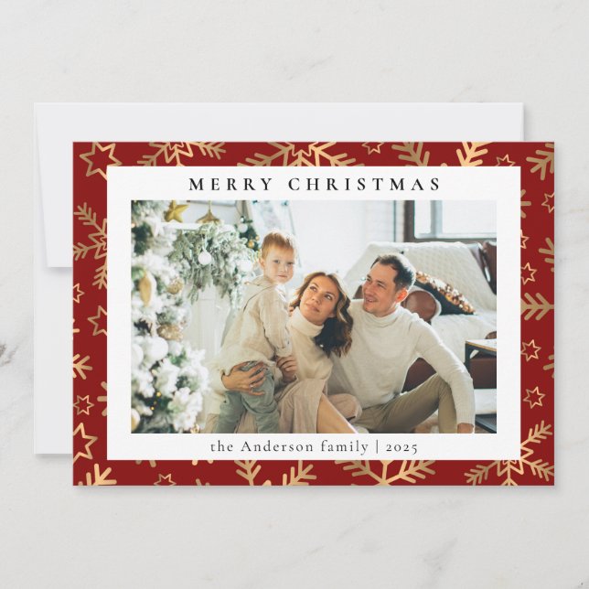 Modern Simple Red Gold | Family Photo Christmas Holiday Card (Front)