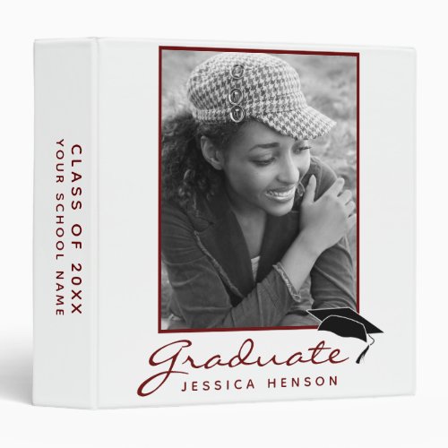 Modern Simple Red Graduation Keepsake Photo Album 3 Ring Binder - Modern and Simple Red typography Graduation Keepsake Photo Album. Trendy dark red script Graduate. Modern keepsake scrapbook memory album - add your favorite photo into the template and personalize the custom text with your grad’s name, class year and name of the school. Personalize the special message on the backside.