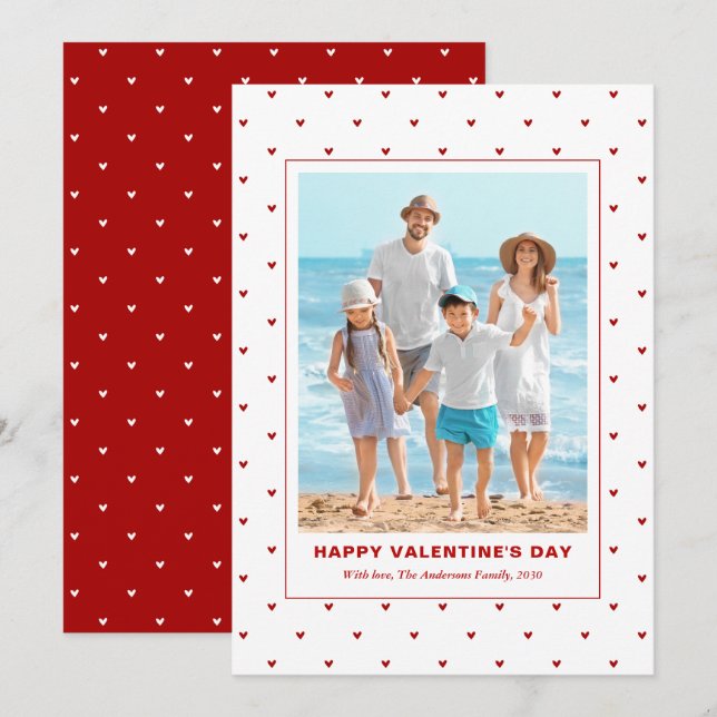 Modern Simple Red Hearts Photo Valentines Day Holiday Card (Front/Back)