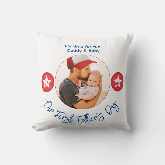 Modern Simple Red Keepsake Photo First Fathers Day Throw Pillow (Front)