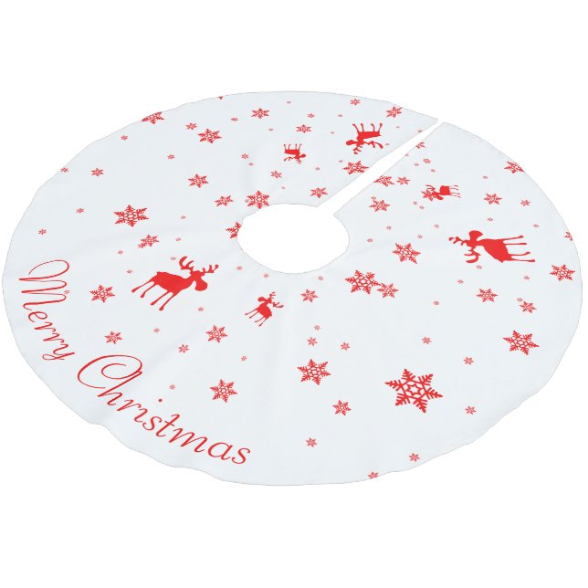 Modern Simple Red Moose Snowflakes Brushed Polyester Tree Skirt (Angled)