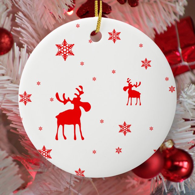 Modern Simple Red Moose Snowflakes Ceramic Ornament (Creator Uploaded)