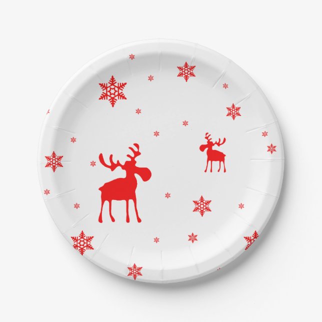 Modern Simple Red Moose Snowflakes Paper Plates (Front)