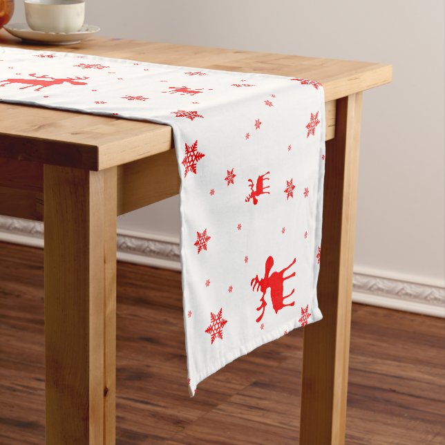 Modern Simple Red Moose Snowflakes Short Table Runner (In Situ)