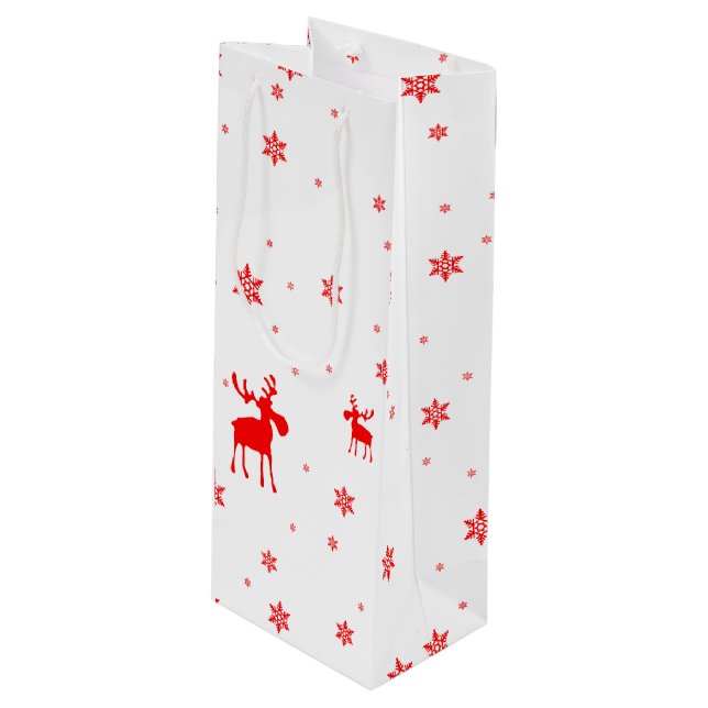 Modern Simple Red Moose Snowflakes Wine Gift Bag (Front Angled)