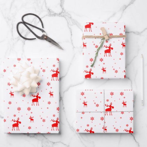 Modern Simple Red Moose Snowflakes Wrapping Paper Sheets